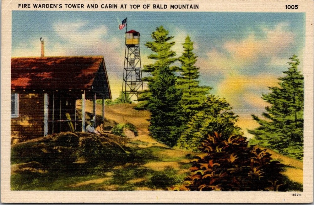 Bald Mountain Fire Warden Tower Cabin Otter Lake NY Vintage Linen Postcard