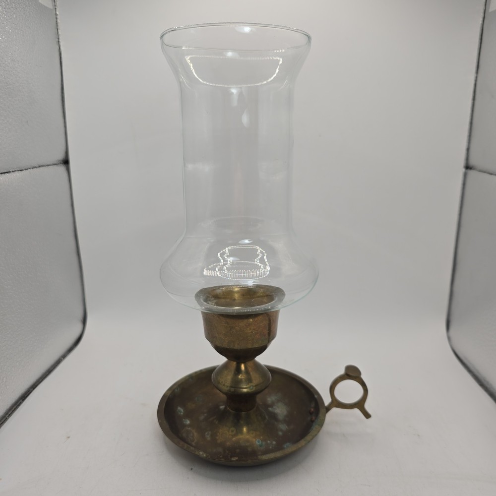 Vintage Brass & Glass Chamber Hurricane Candle Lamp Finger Holder