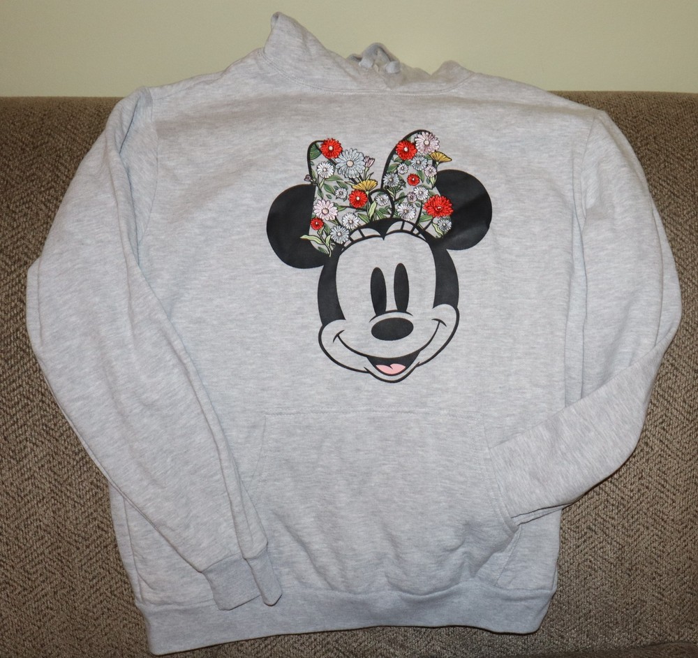 New Disney Minnie Mouse Embroidered Floral Gray Hoodie Sweatshirt Size XL