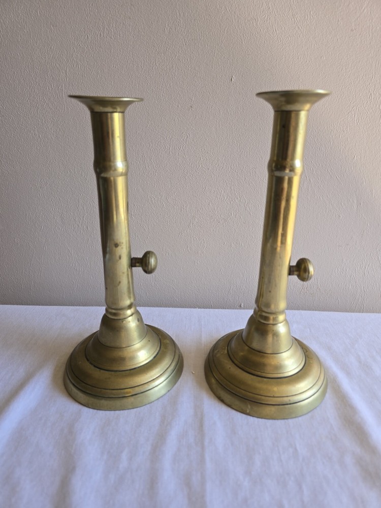 Set Of 2 Antique Gold Brass Victorian Ejector Candle Sticks Shabby Chic