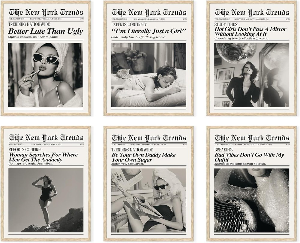Trendy Feminist Newspaper Wall Art Prints of 6,Retro Black and White Vogue Poste