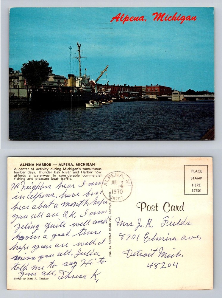 Alpena, MI-Michigan Alpena Harbor Thunder Bay River Boats Vintage c1970 Postcard