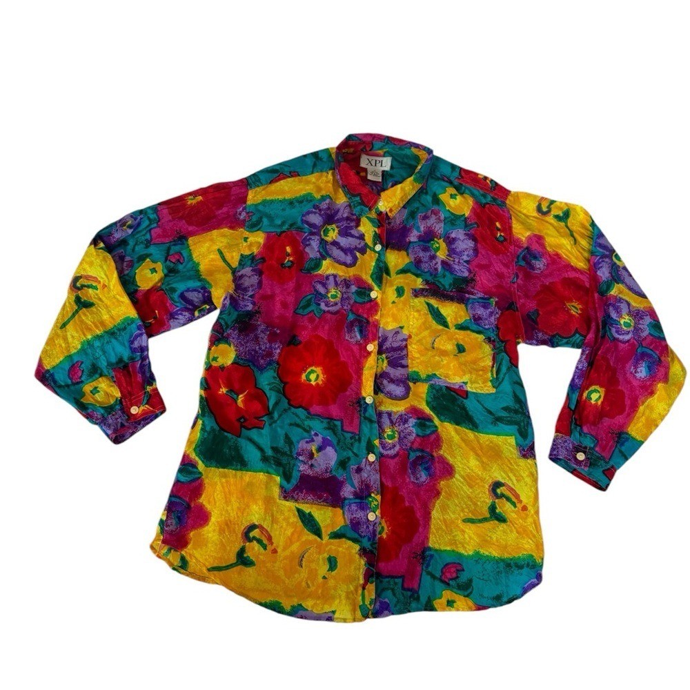 Vintage XPL XPLOSIF Women's Long Sleeve Floral Blouse Size Medium 100% Silk