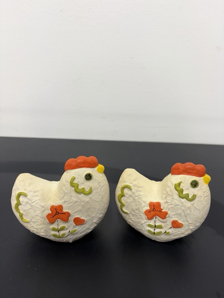 Vintage Ceramic Chicken Salt & Pepper Shaker Set Hand Painted White W/ Flowers