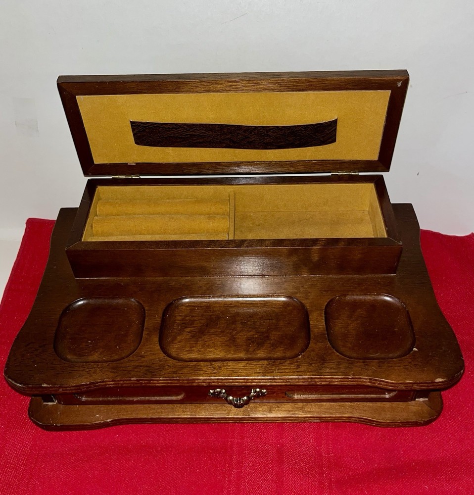Vtg Mcm Unisex Wood Dresser Valet W’ Flip Top & 1 Drawer Jewelry Organizer Box