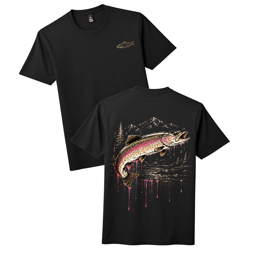 Unisex 2-Sided Rainbow Trout Mountain Graphic Outdoor Fishing Crew Neck T-Shirt