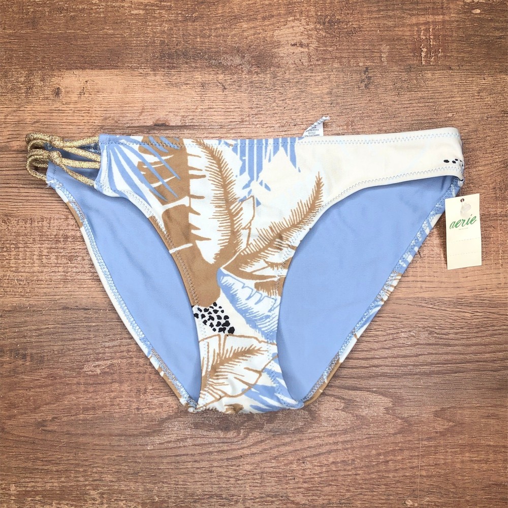 Aerie Tropical Print Knot Bikini Bottom Size XS Blue Tan Swimsuit NWT
