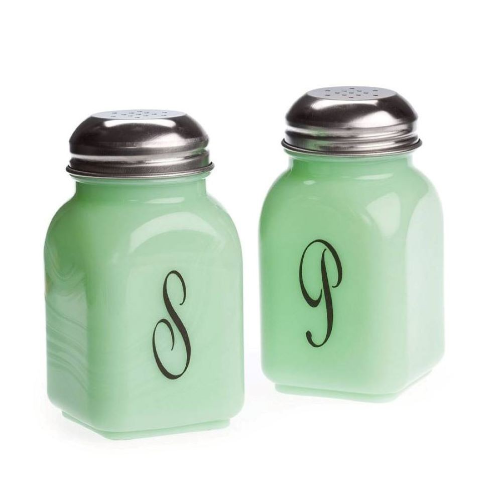 Mosser Glass Jadeite Monogrammed Salt and Pepper Shakers
