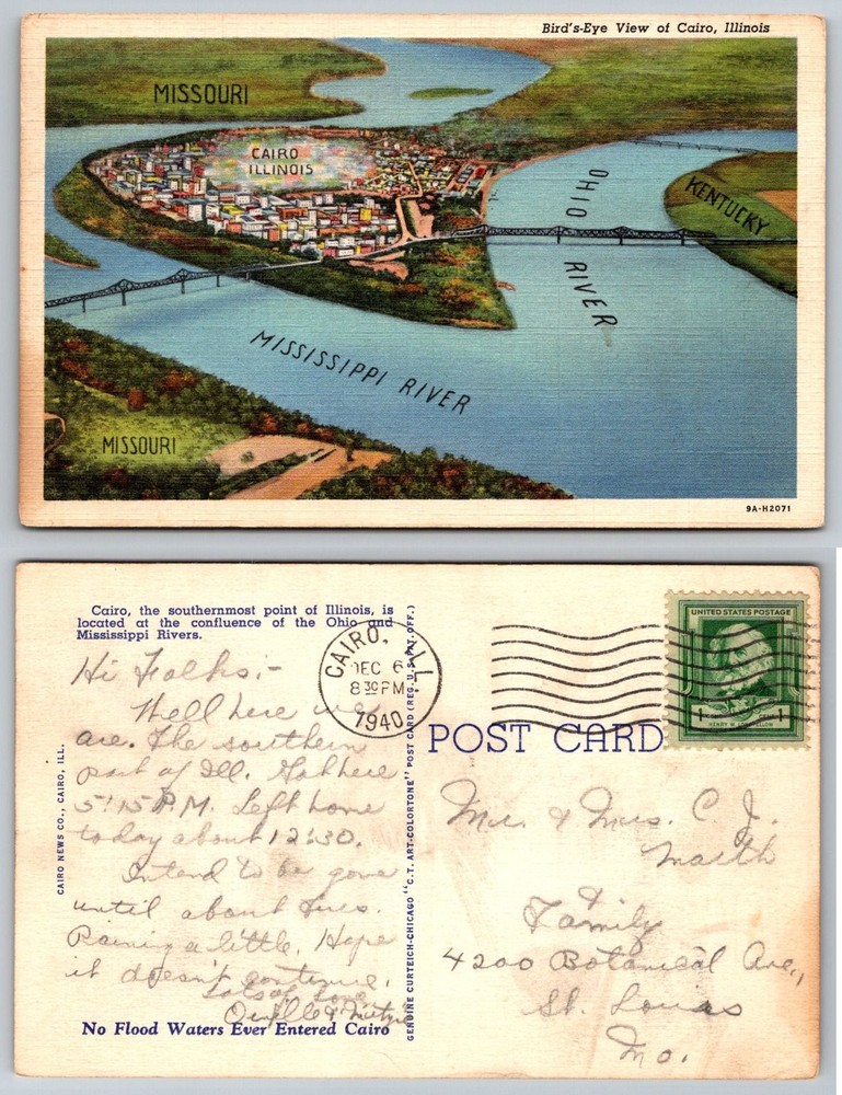 1940 Cairo Illinois Bird's-Eye View Ohio & Mississippi Rivers Linen Postcard