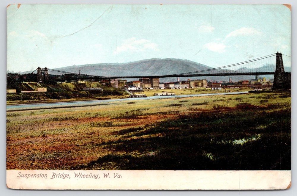 West Virginia Wheeling Suspension Bridge and Landscape Postcard