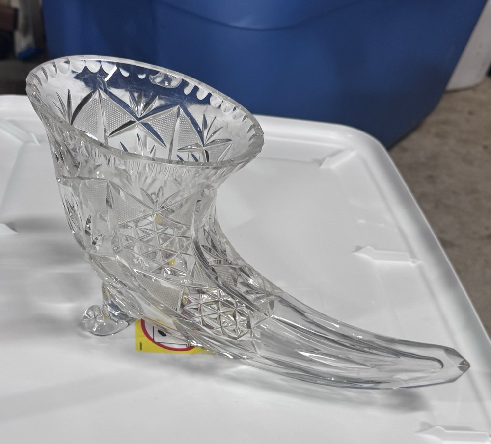 Clear Cut Glass Etched Horn Vase, Diamond Pattern, Glossy Finish, 6 Inch