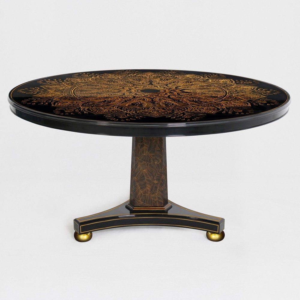 Black Round Table with Elegant Gold Leaf Accents