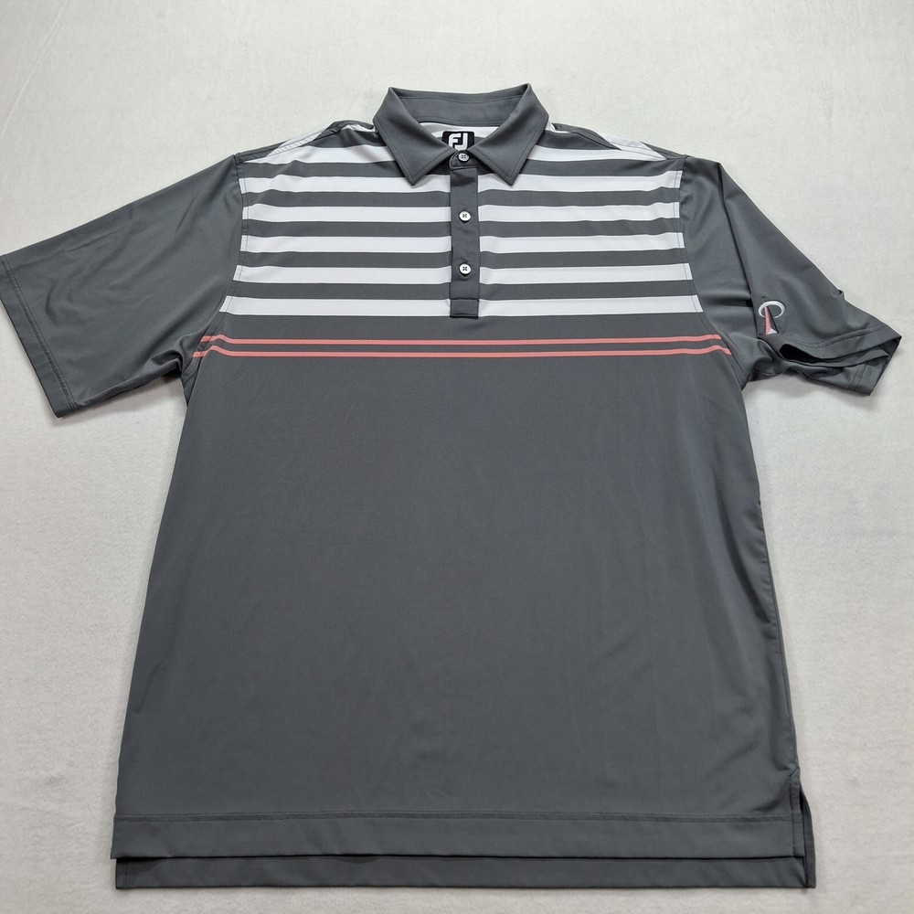 FootJoy Polo Shirt Men XL Gray Pink White Stripe Stretch Golf Performance