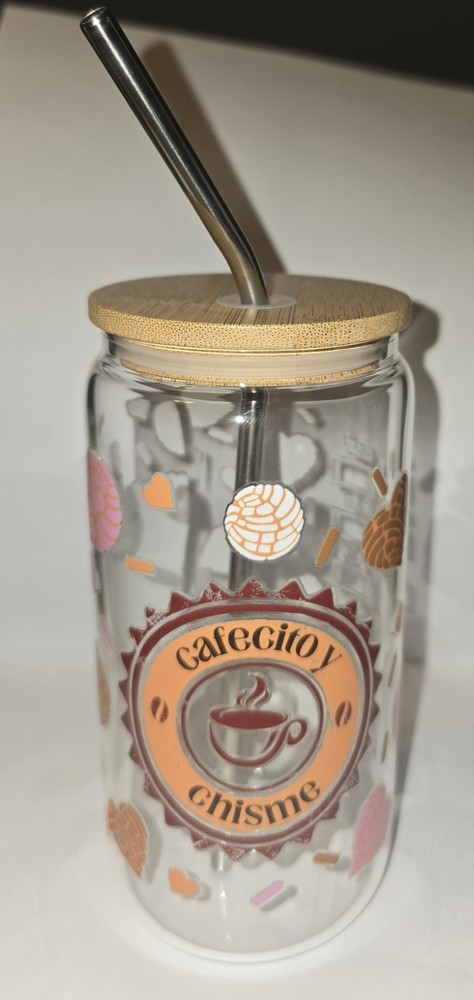 Ice Coffee Time! 16 Oz Glass Cup With Wood Lid And Stainless Steel Straw