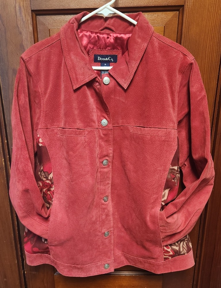 Denim & Co Red Suede Leather Jacket Button Front Jean Floral Back Lined Size 1X