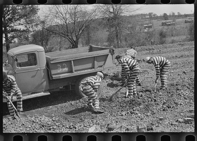 Photo:1930s Prisoners Striped Uniforms Road Work Dump Truck