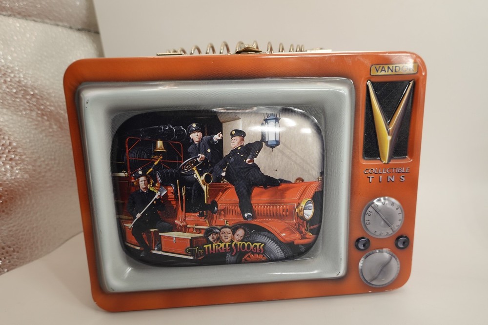 The Three Stooges Collectible Tin Vandor Lunch Box TV Fire Truck Orange