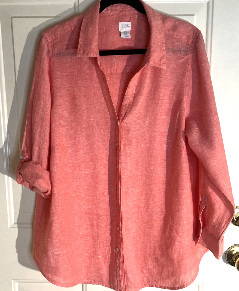 Sigrid Olsen 100% Linen Peach Button‑Up Roll Tab Sleeve Tunic Top Women’s 1X
