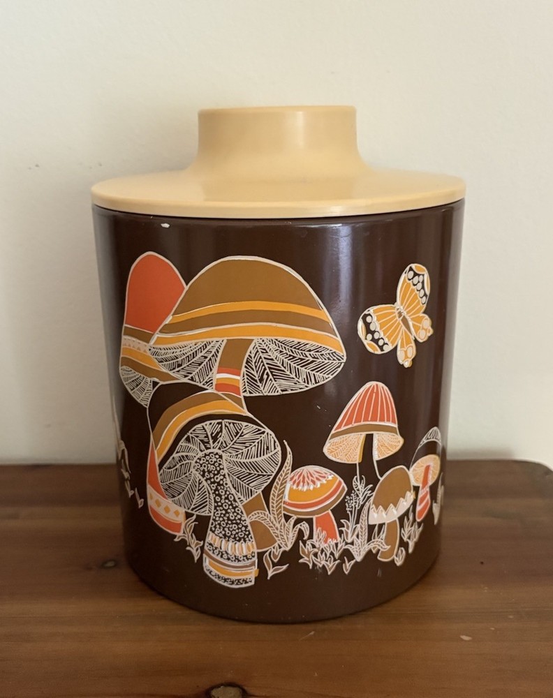 Vintage 70s Retro Groovy Ransburg Mushroom Butterfly Brown Large Metal Canister