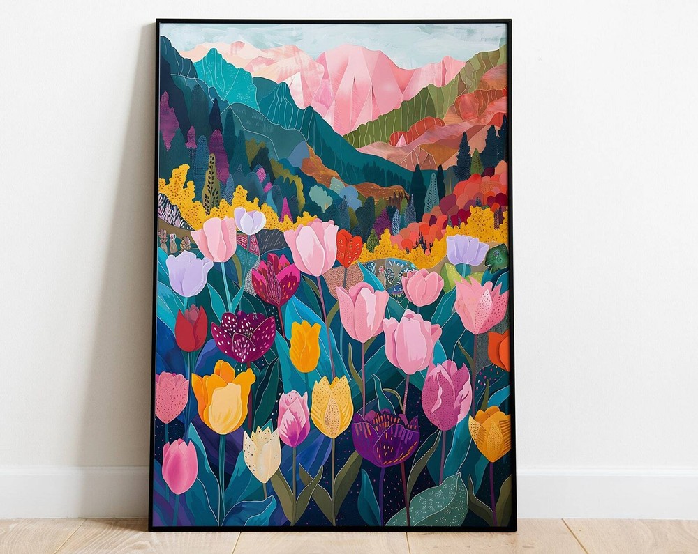 Maximalist Tulip Garden Mountain Artwork Colorful Wall Art Abstract Art Living