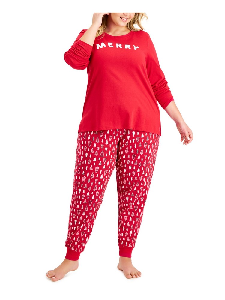 FAMILY PJs Womens Red Elastic Band T-Shirt Top Cuffed Pants Pajamas Plus 2X