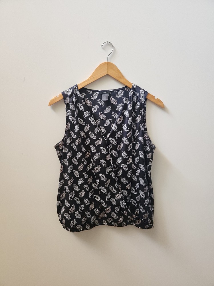 Ann Taylor Petite Medium Navy Floral Faux Wrap Sleeveless Tank Top PM