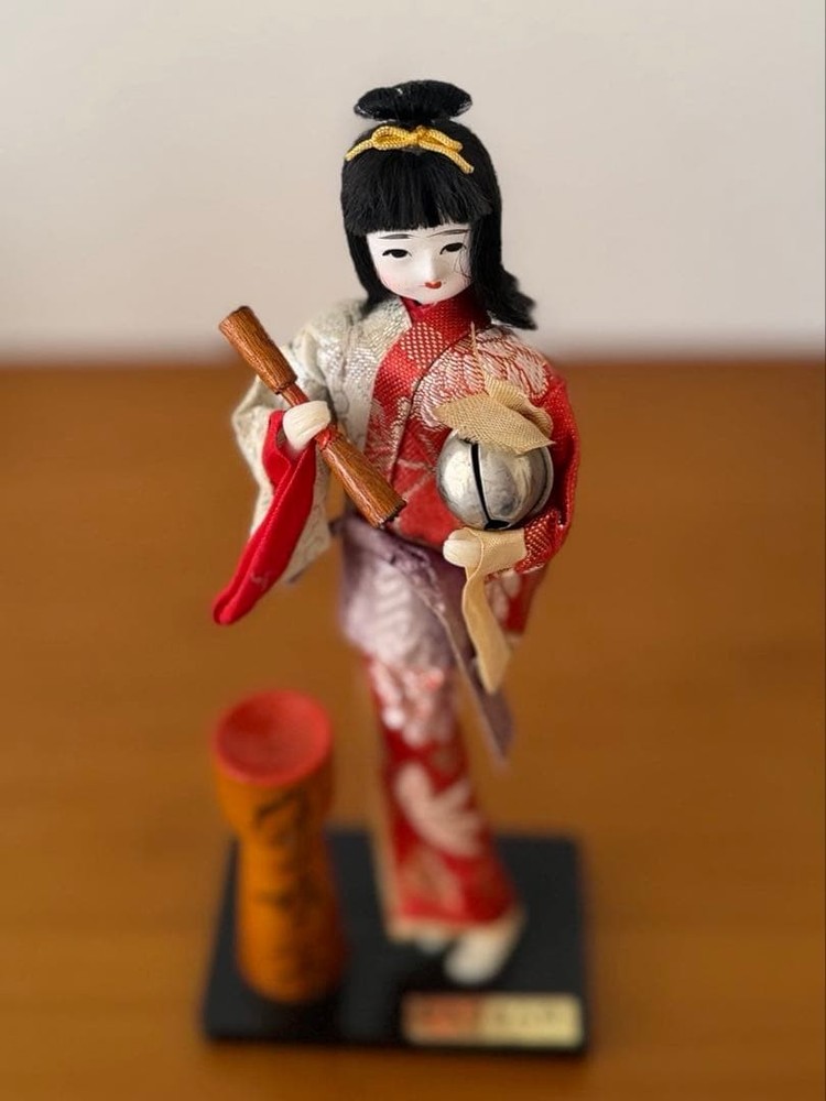 Showa Retro Kokeshi Style Japanese Doll Red Kimono 22cm Bell Holder