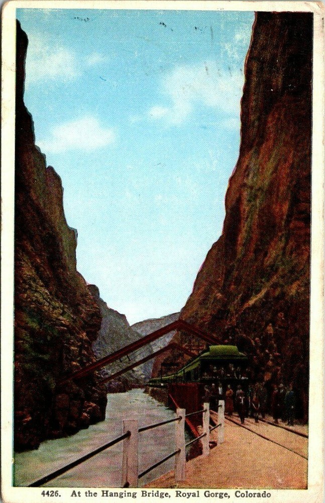 c1929 Train at the Hanging Bridge Royal Gorge Colorado Vintage Postcard