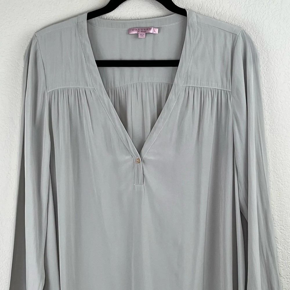 Calypso St. Barth Gray Semi-Sheer Long Slv V-Neck Popover Blouse Tunic Sz Small