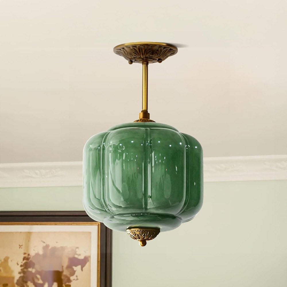 Milk Glass Ceiling Light Fixture - Antique Brass Semi Flush Mount (Green, 9 inch