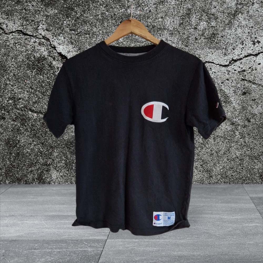 Champion Men's M Big Logo Black Cotton Crew Neck Short Sleeve Tee