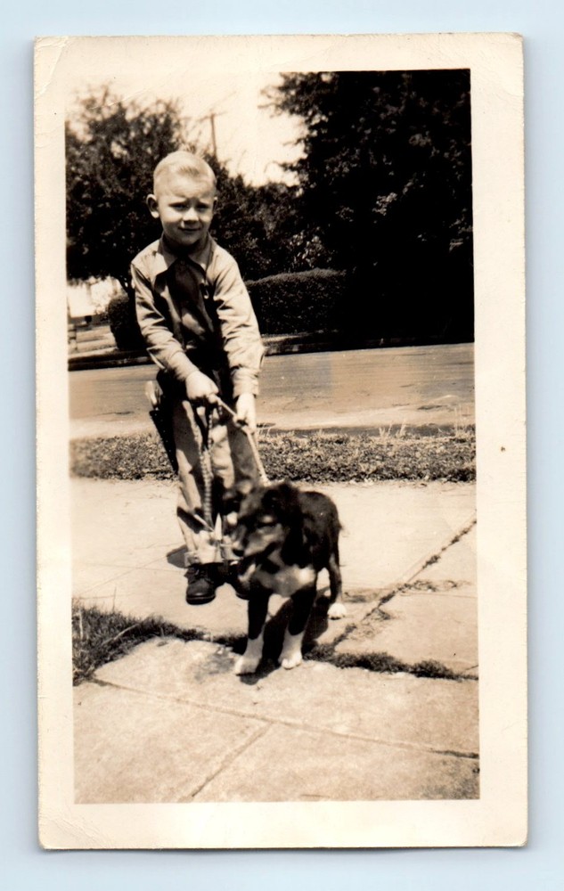 Old Vintage Photo SOLO BOY WITH PUPPY DOG SIDEWALK ORIGINAL SNAPSHOT PICTURE