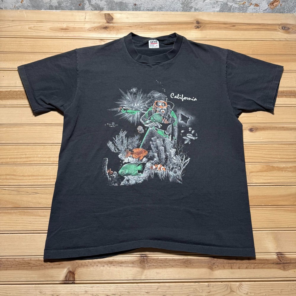Vintage 90s California Scuba Diver Ocean Marine Life Souvenir T-Shirt USA - XL