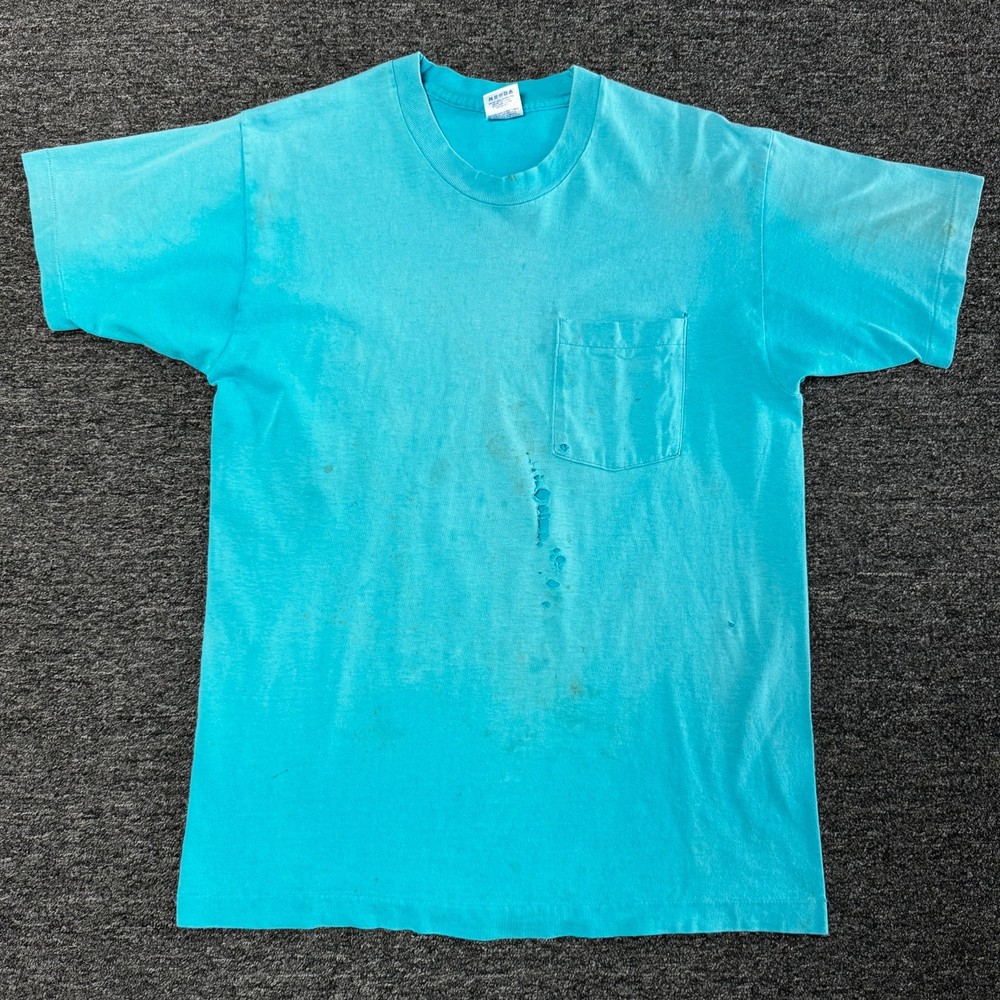 Vintage 90s BVD Blank Thrashed Gradient Pocket T-Shirt Sz L Sun Faded Turquoise