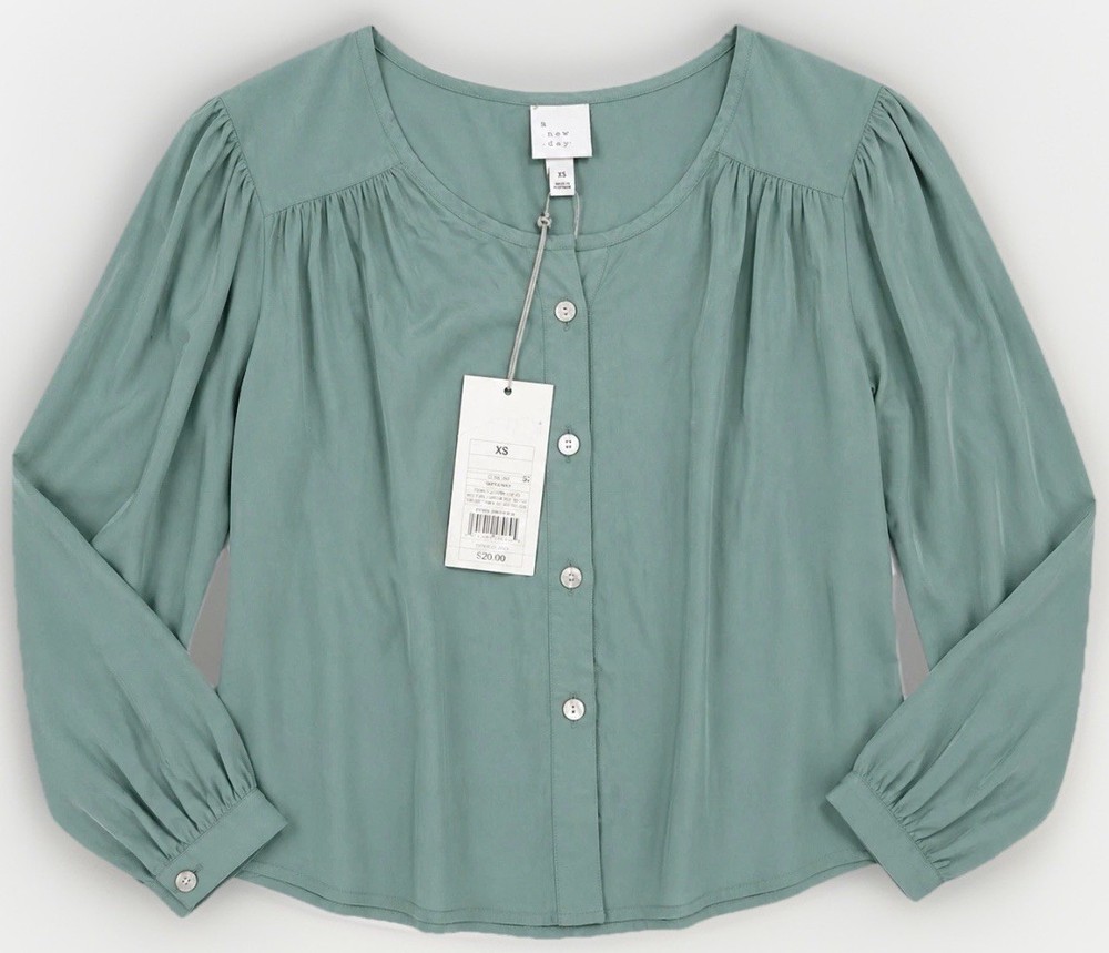A New Day Womens XS Green Button Front Blouse Long Sleeve Lightweight Top Casual