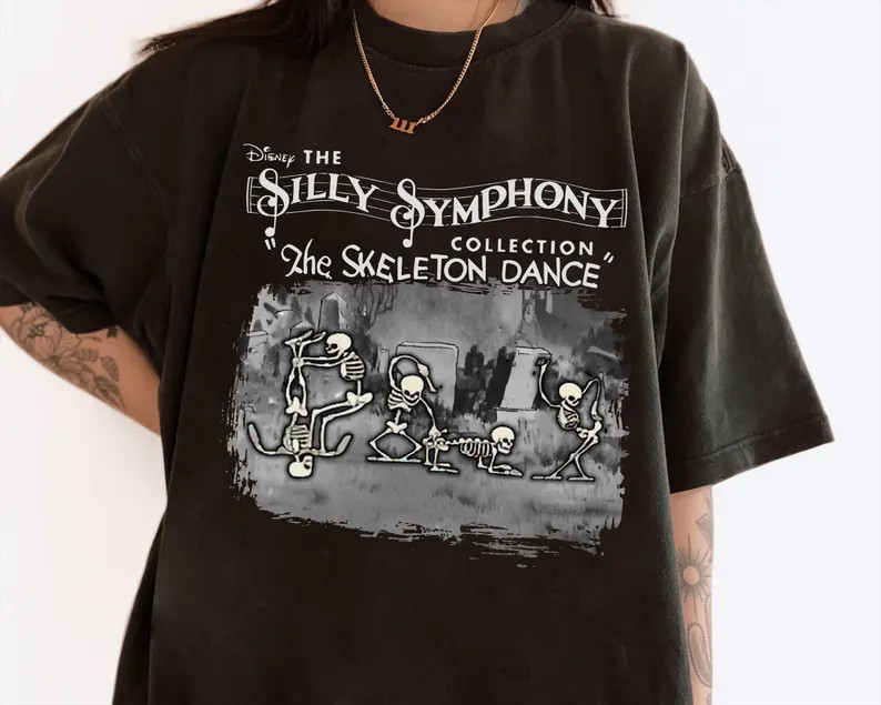 Disney Silly Symphony Skeleton Dance Funny Black T Shirt Size S - 5XL