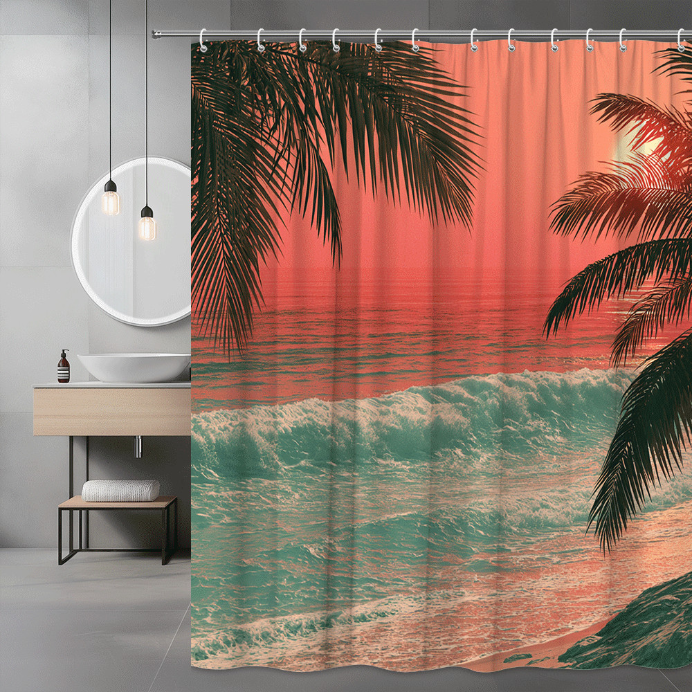 Tropical Beach Sunset Palm Tree Shower Curtain Ocean Waves