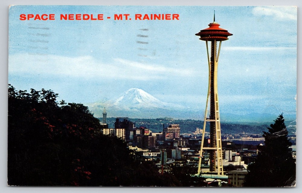 Vintage 1962 Seattle Space Needle Mt Rainier Postcard World's Fair Era Posted