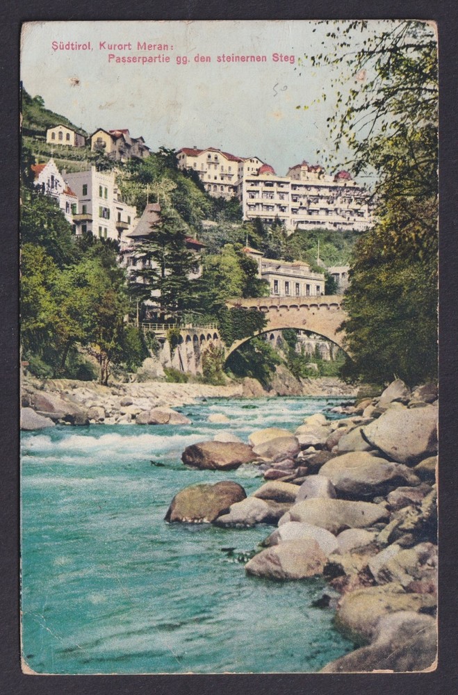 Vintage postcard Merano Passer River stone bridge South Tyrol Austria