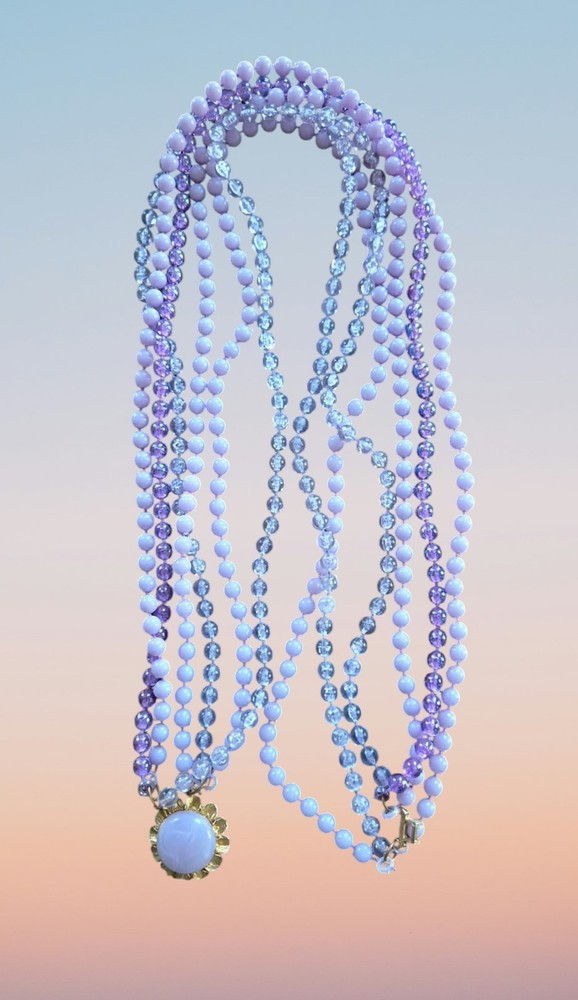 1960s 3 Stranded Handmade Purple Beaded Necklace Long Acrylic Beads Vintage