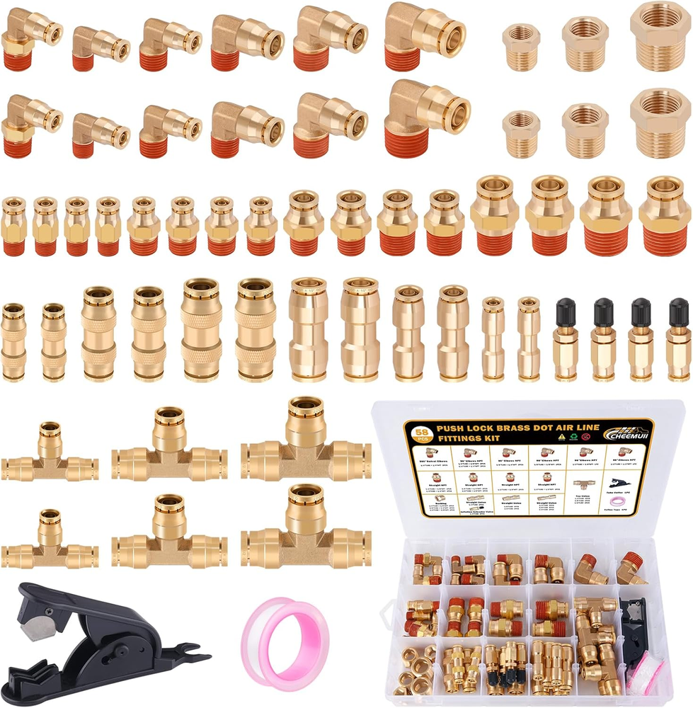 58-Piece Brass DOT Push Lock Air Line Fittings Kit for Quick Connect Tubing