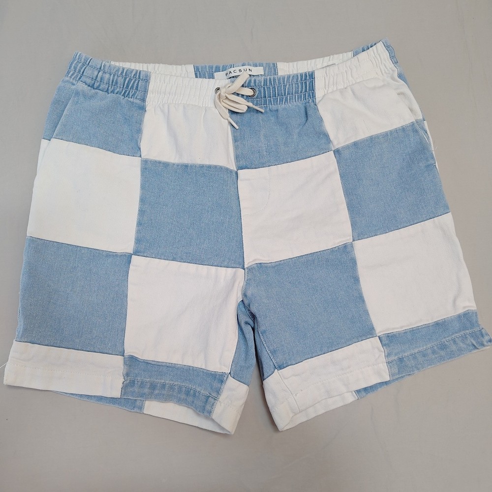 Pacsun Men's (Unisex) Patchwork Shorts Size L Blue White Denim Look Drawstring
