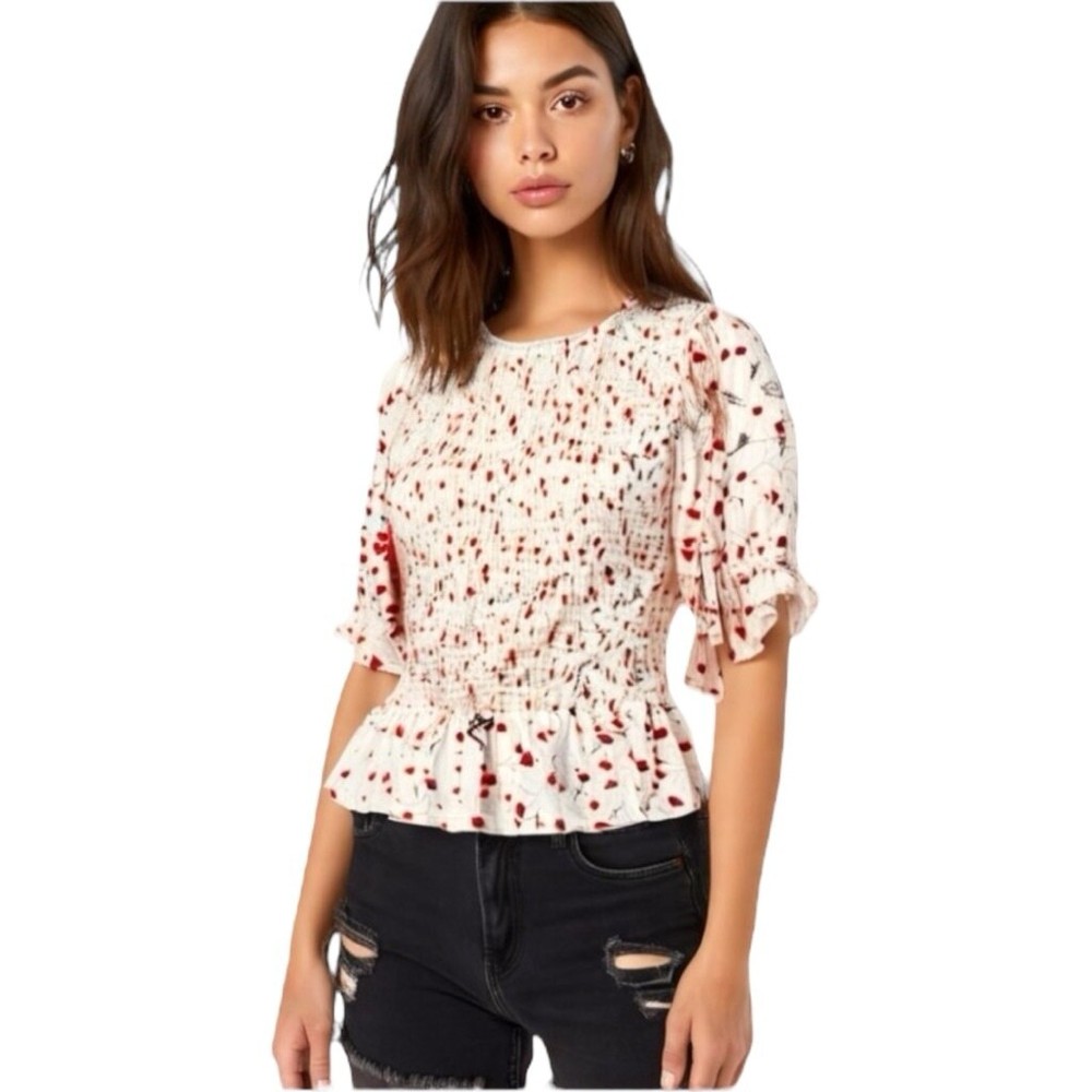 Melloday Floral Peplum Blouse Cropped Short Sleeve Women's Size Medium Red/White