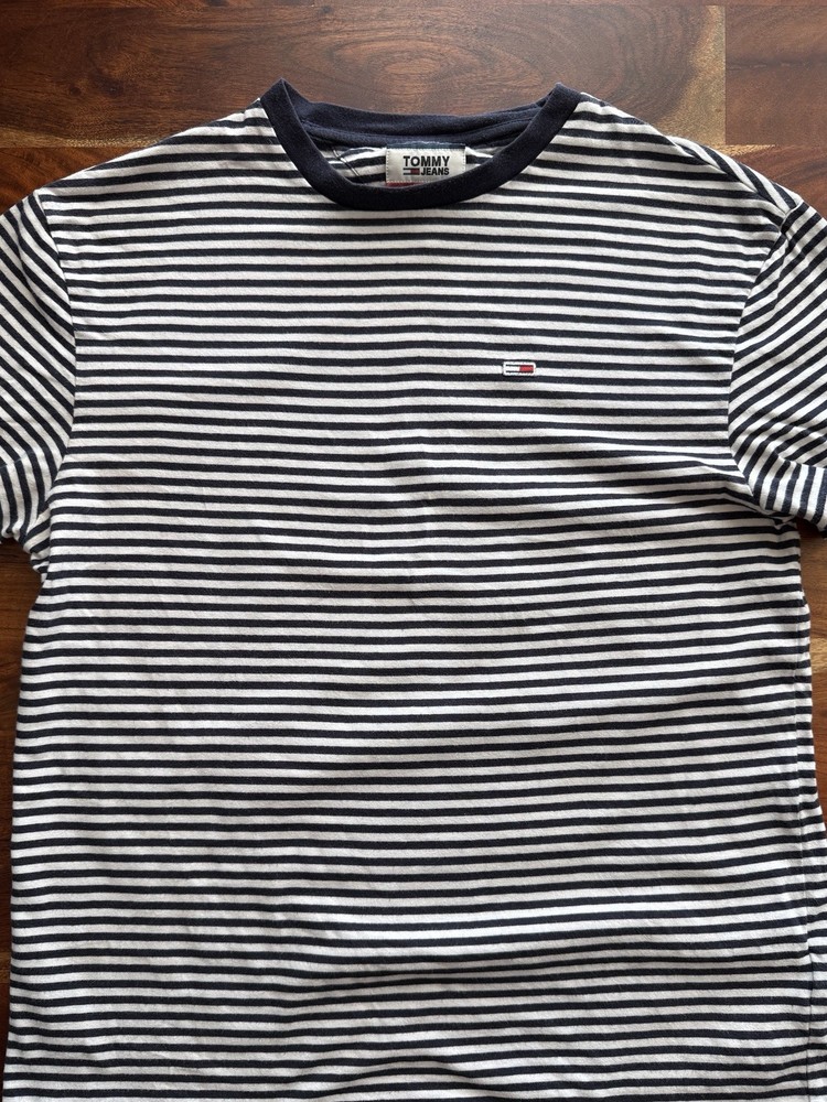 Tommy Jeans Men's Striped Cotton Logo T-Shirt Black White Crew Short M