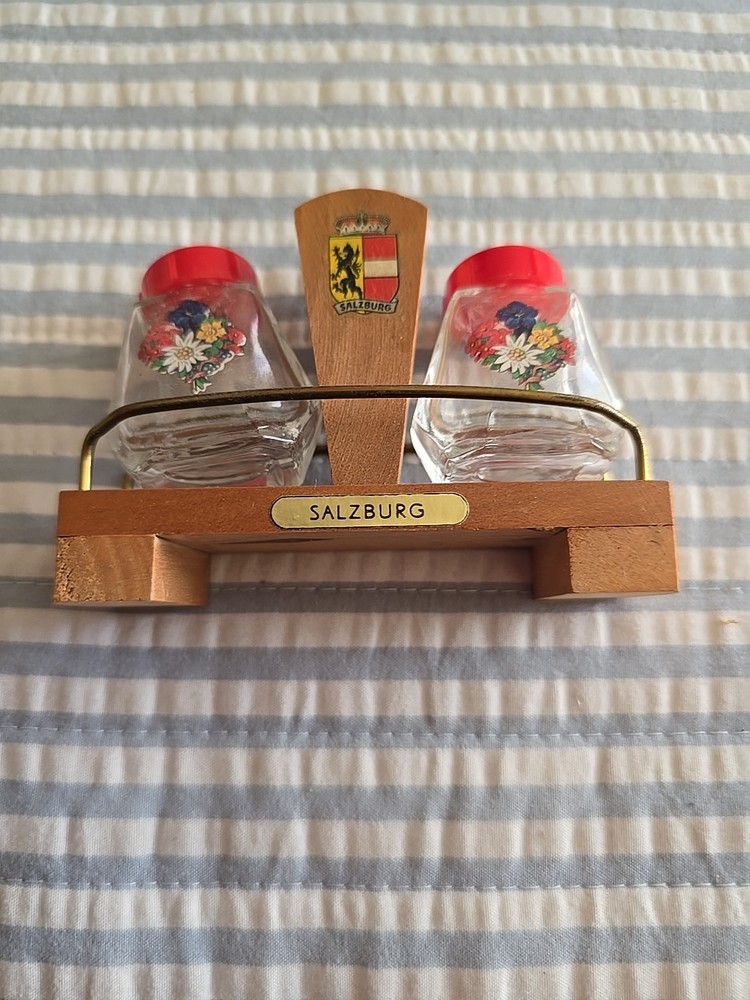 Vintage Salzburg Salt & Pepper Shaker Set with Caddy and Toothpick Holder