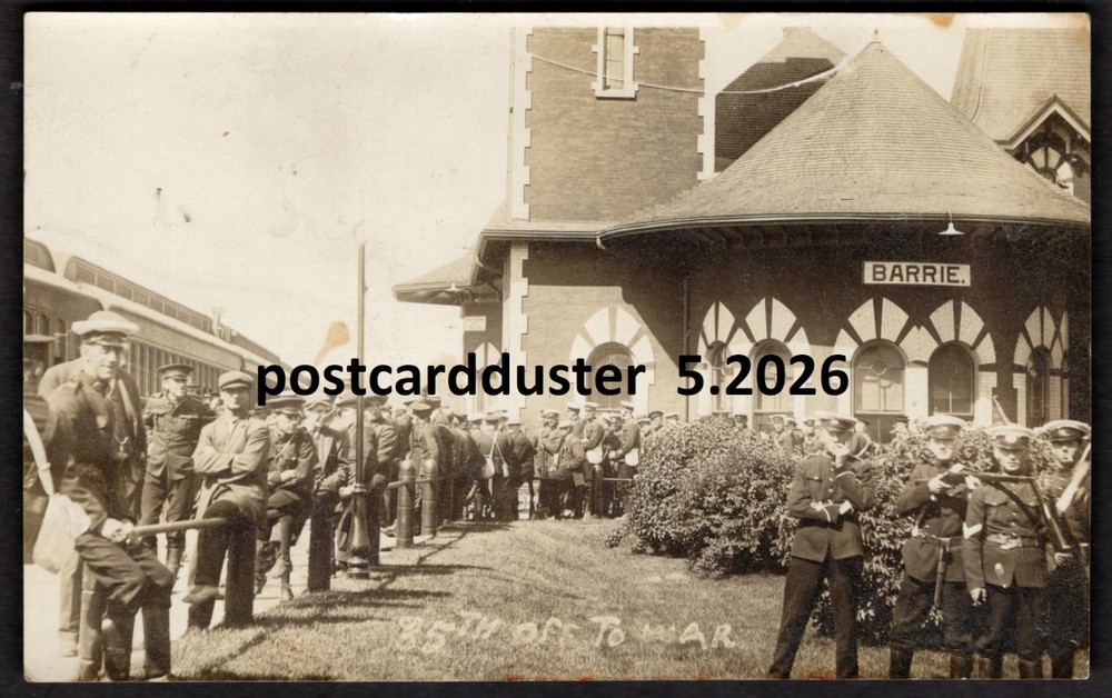 Canada BARRIE Ontario 1910s Train Station 35th Military BTN. Real Photo Postcard