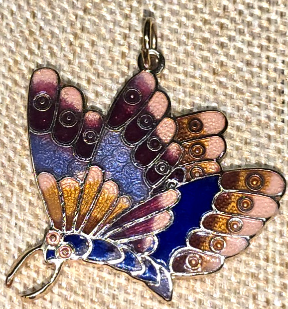 Vintage Cloisonne Enameled Butterfly Pendant or lg Charm Colorful Gold Tone 1.5