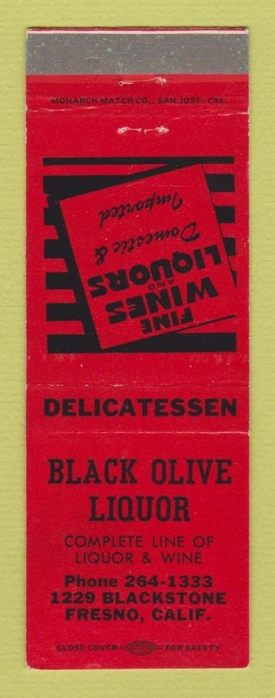 Matchbook Cover - Black Olive Liquor Fresno CA WORN BACK