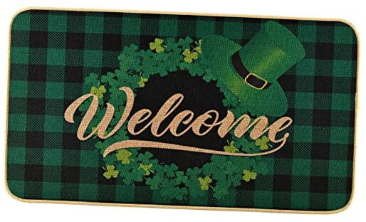St Patricks Day Welcome Doormat with Shamrocks and Buffalo Plaid Design