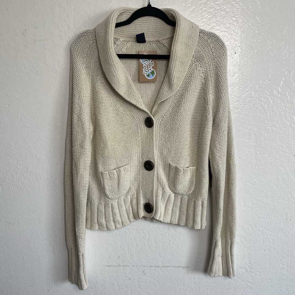 Gap Cream Chunky Knit Cardigan With Elbow Patches Women Sz L Cottage Retro Boho